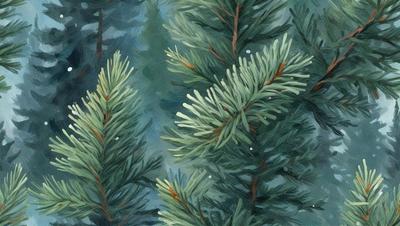 The primary subject of the image is a group of pine trees. The setting is a forest, with the trees surrounded by a blue sky. The visual style is a painting, which gives the scene a more artistic and vibrant appearance. The dominant colors are green and blue, creating a serene and natural atmosphere.